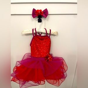 Red and pink Childs dance costume, Weissman, size SC, bow, smoke free home
